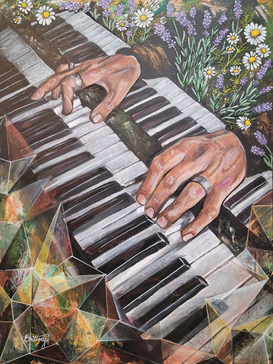 Painting of hands playing double keyboard with abstract fractal design, lavender and chamomile flowers in background