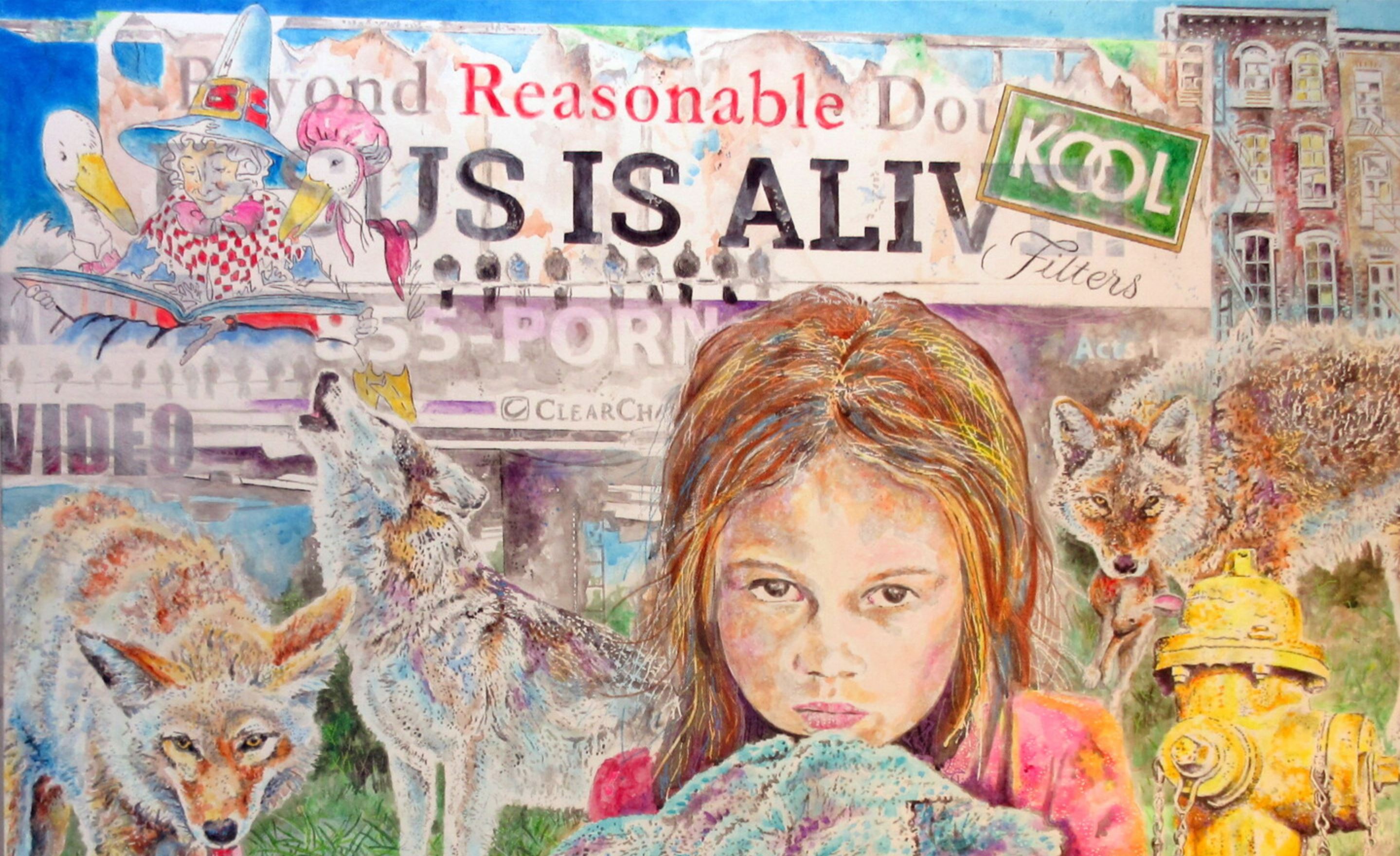 Randy Bennett Painting featuring a young girls animals and pop culture signage