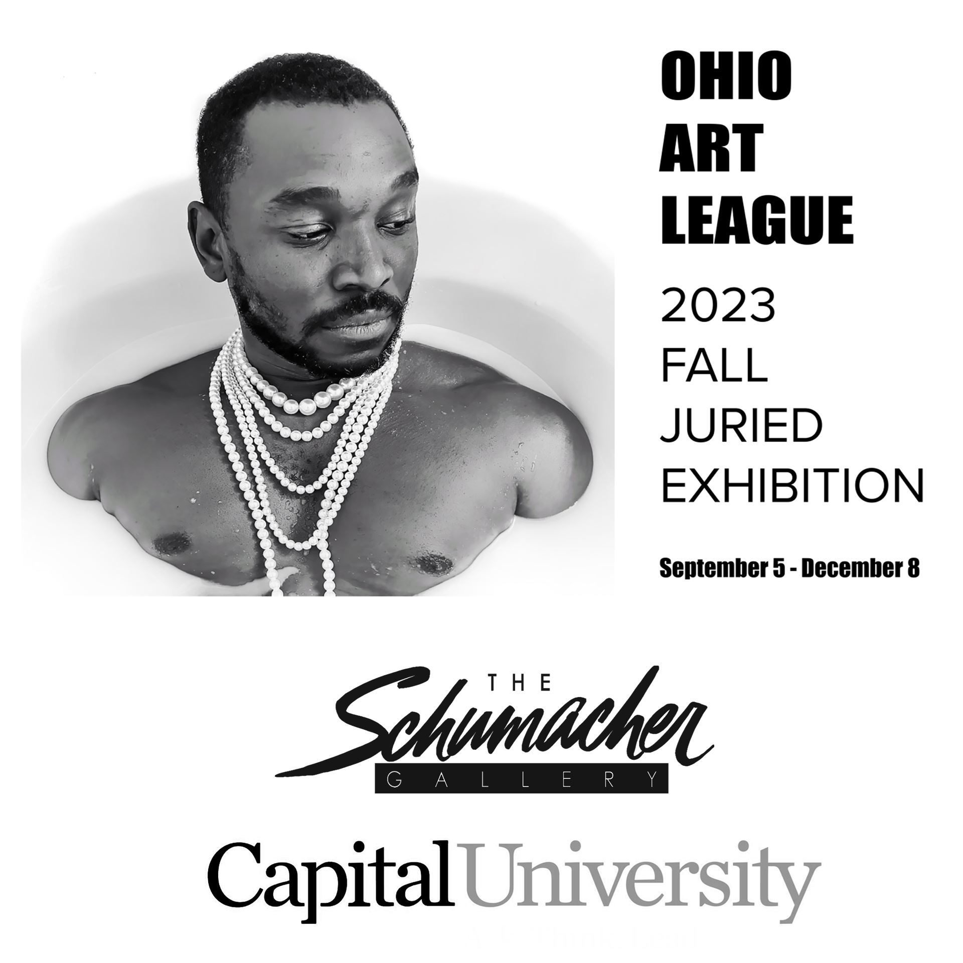 show card for the fall juried exhibition featuring artwork with a black male wearing pearls in a bathtub of milk